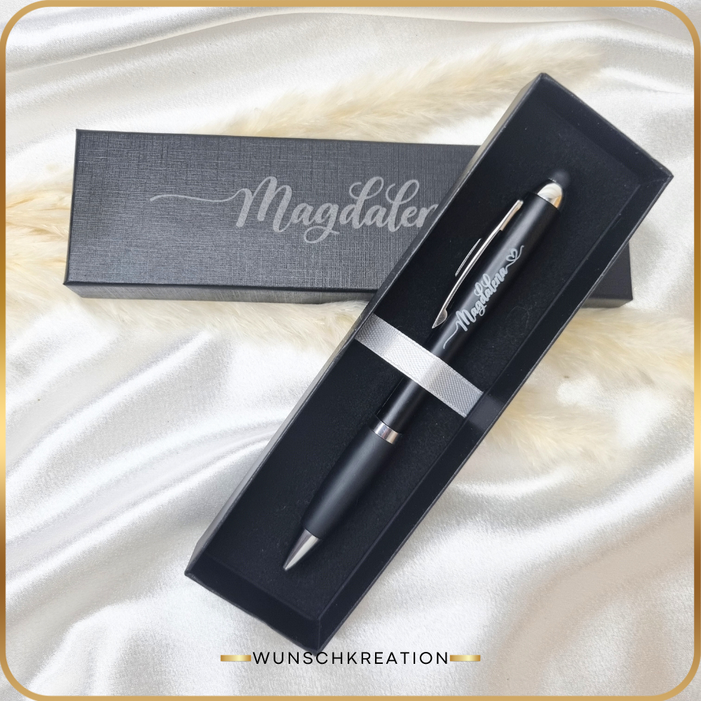 Personalisierter Leucht-Kugelschreiber mit Namen | LED Stylus Touch Pen | Graviertes Geschenk für Männer & Frauen | Büro Geschenk | Schwarz