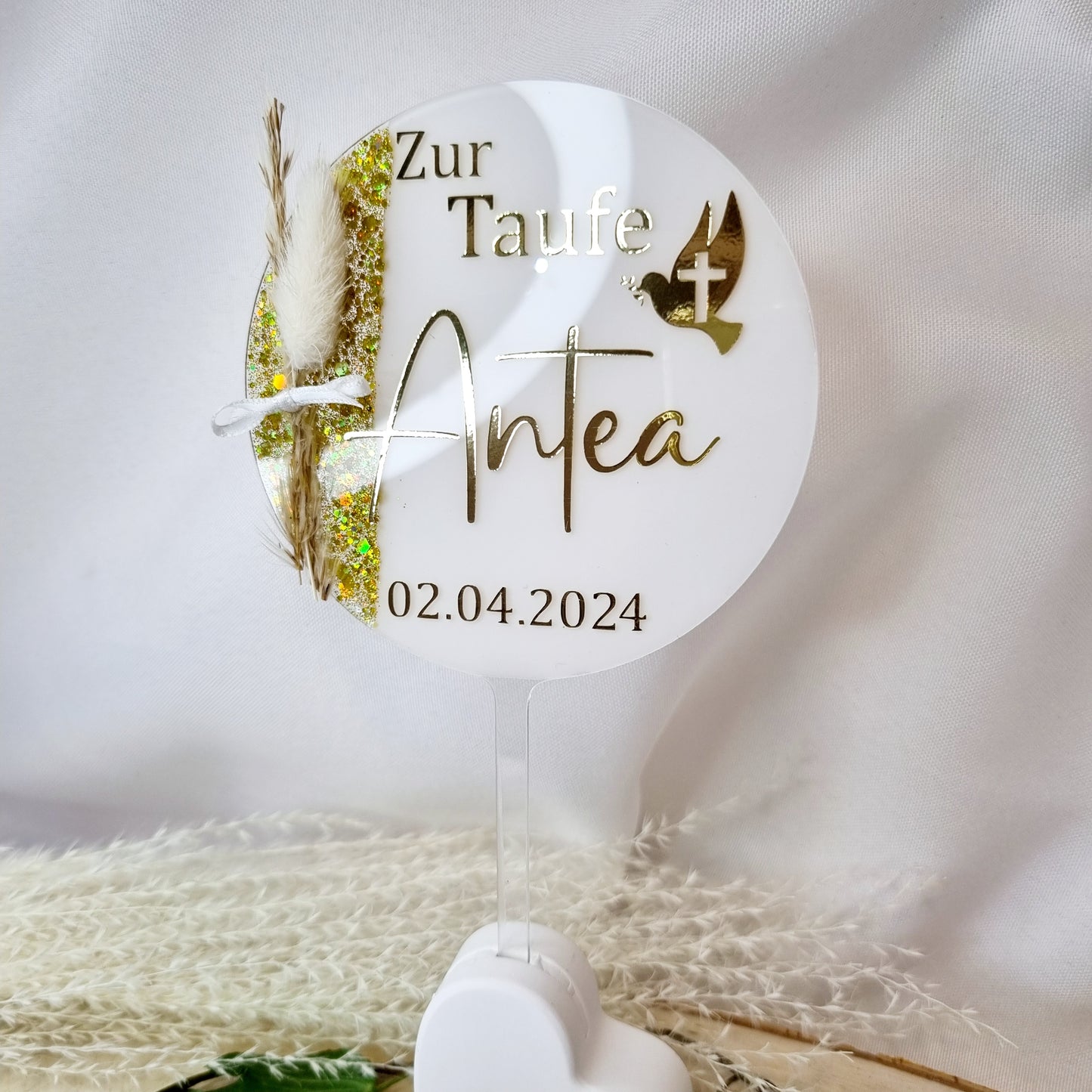 Personalisierter Cake Topper zur Taufe mit Taube & Glitzer | Deko mit Trockenblume | Name & Datum individualisierbar
