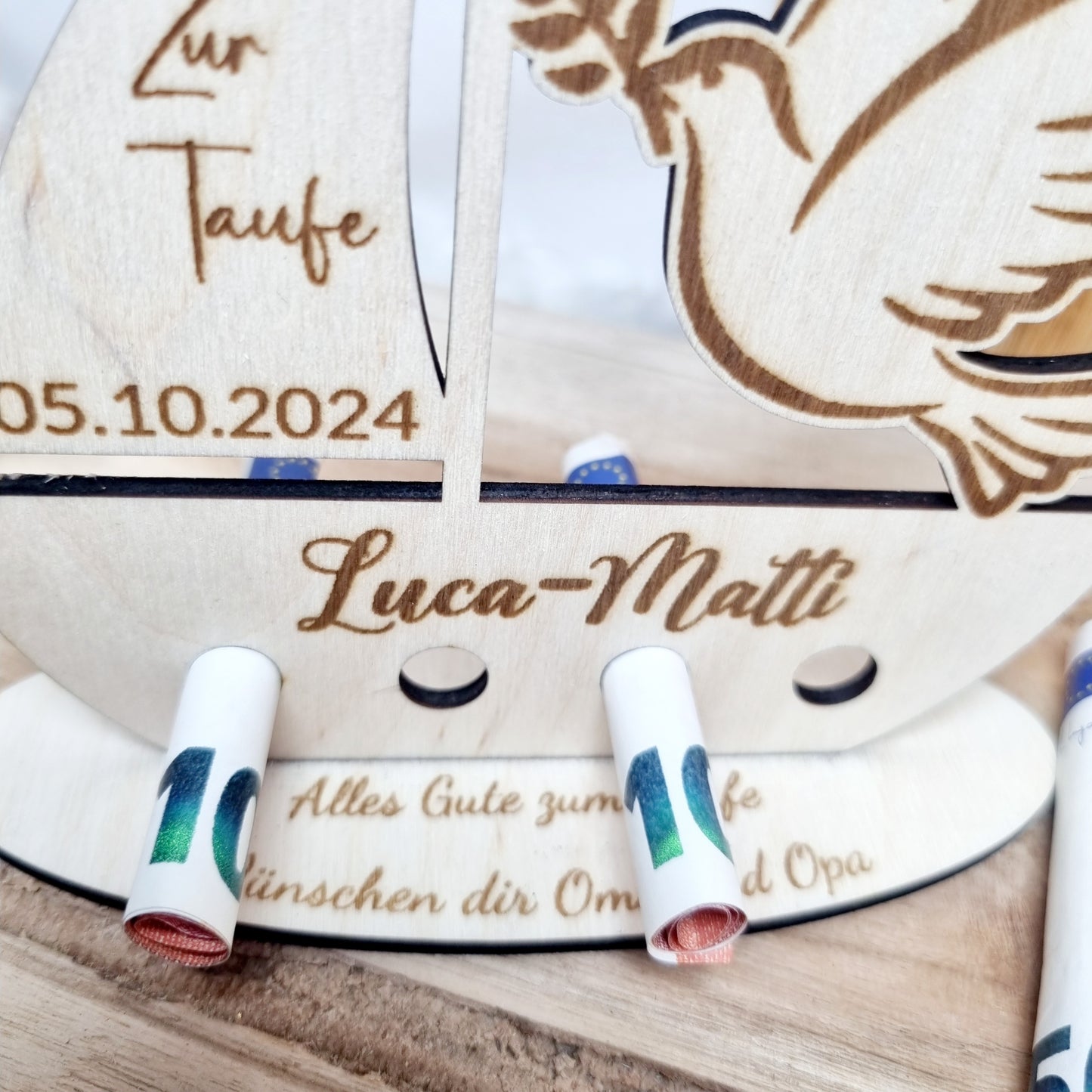 Personalisiertes Geldgeschenk zur Taufe, Kommunion oder Konfirmation– Boot mit Taube