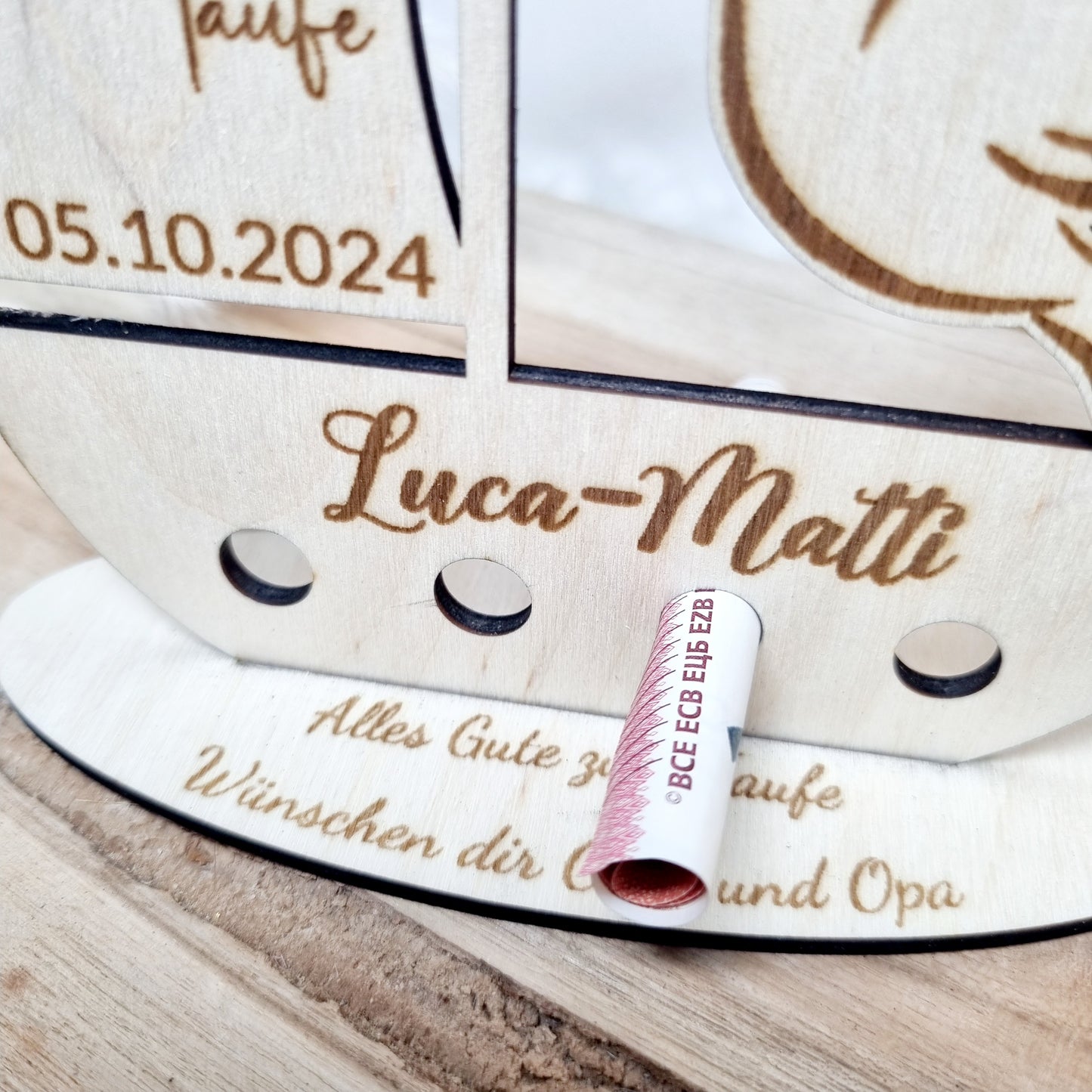 Personalisiertes Geldgeschenk zur Taufe, Kommunion oder Konfirmation– Boot mit Taube
