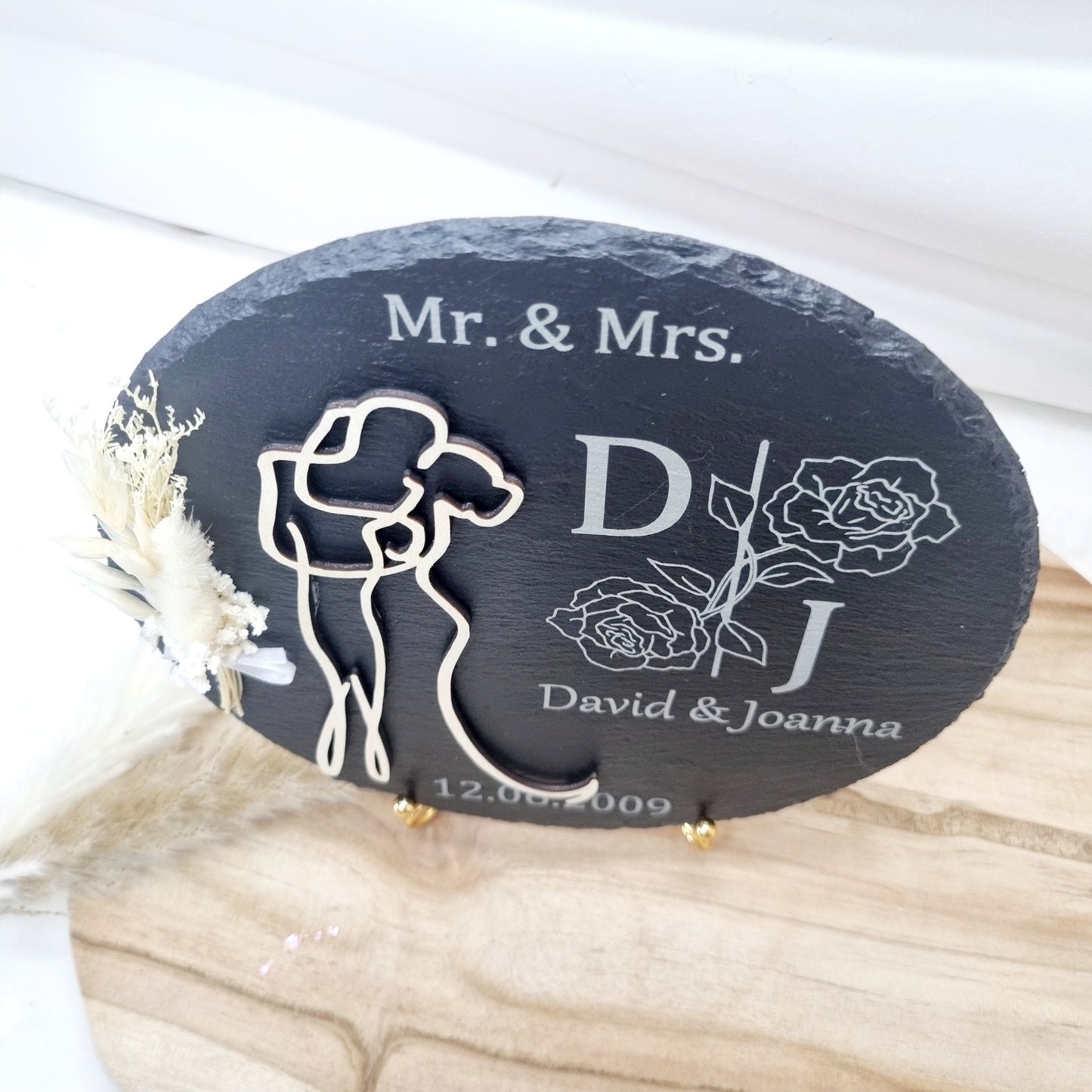 Personalisierte Schieferplatte – Hochzeit Geschenk, Empfangsschild mit Gravur & Trockenblumen