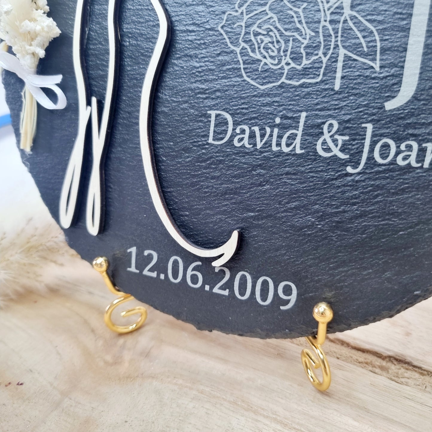 Personalisierte Schieferplatte – Hochzeit Geschenk, Empfangsschild mit Gravur & Trockenblumen