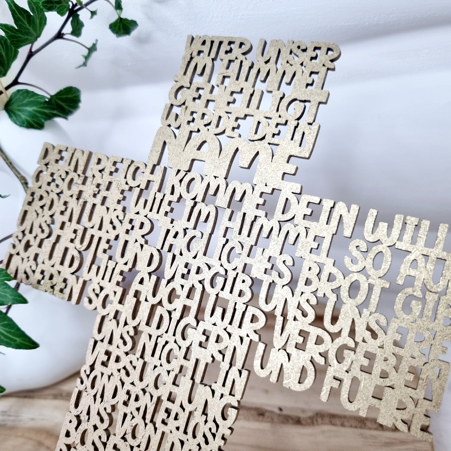 Geschenk zur Taufe | Kommunion & Konfirmation | Vater Unser | Kreuz | Holz | Gebet | Deutsch | Christen | Gold | Geschenkidee