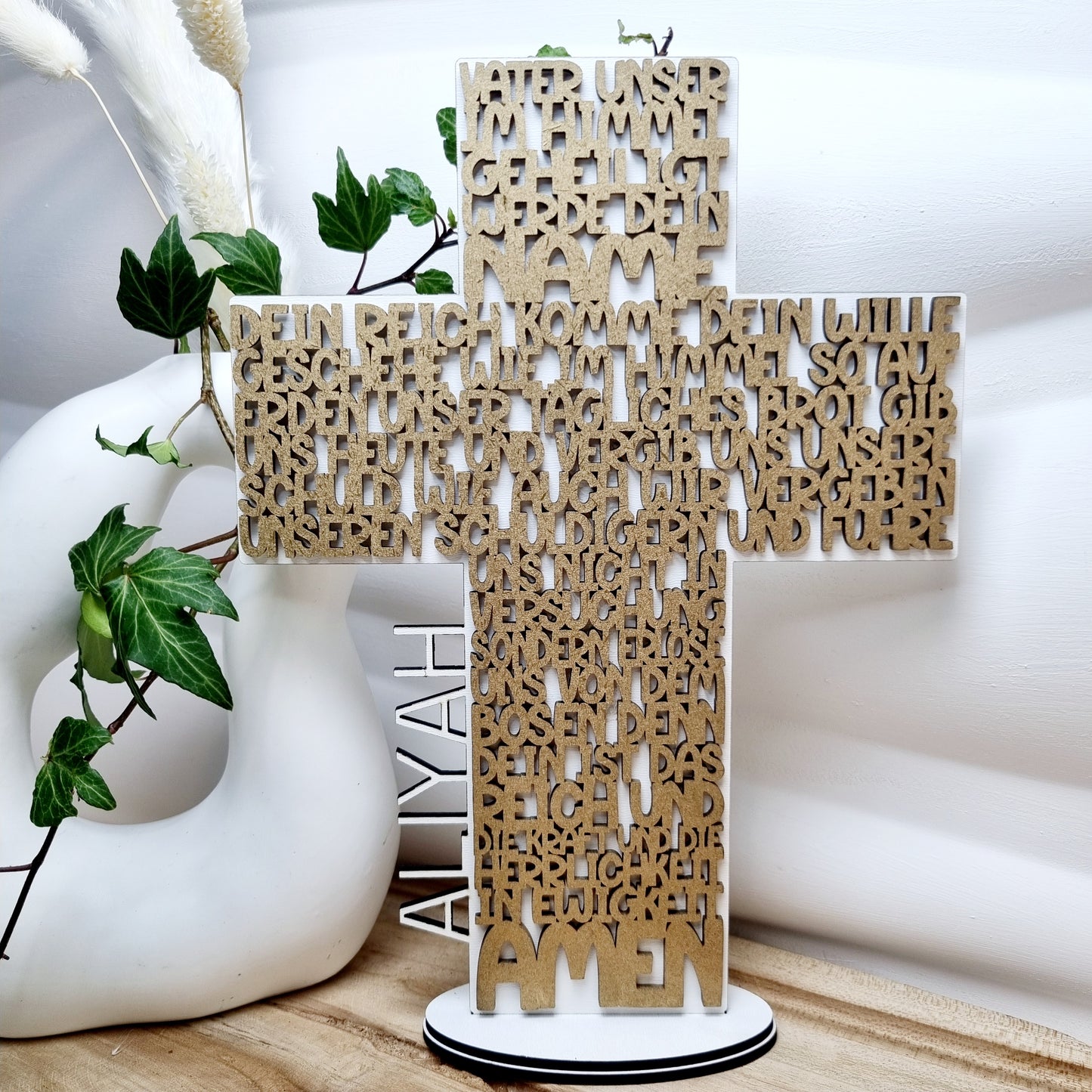 Geschenk zur Taufe | Kommunion & Konfirmation | Vater Unser | Kreuz | Holz | Gebet | Deutsch | Christen | Gold | Geschenkidee