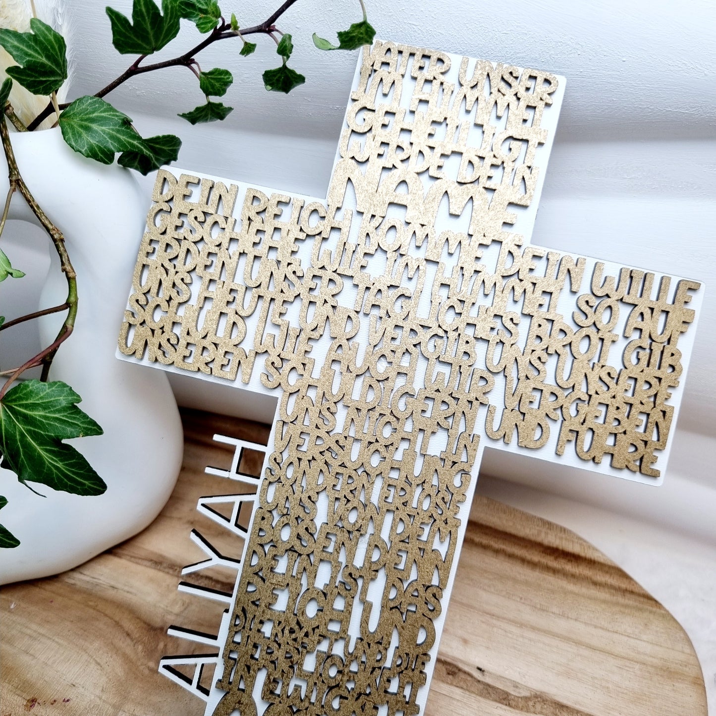 Geschenk zur Taufe | Kommunion & Konfirmation | Vater Unser | Kreuz | Holz | Gebet | Deutsch | Christen | Gold | Geschenkidee