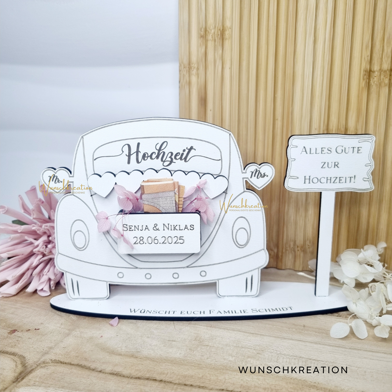 Personalisiertes Geldgeschenk zur Hochzeit – Hochzeitsauto mit Gravur & Wunschtext | Geldgeschenk für Brautpaar | Hochzeit Deko Idee