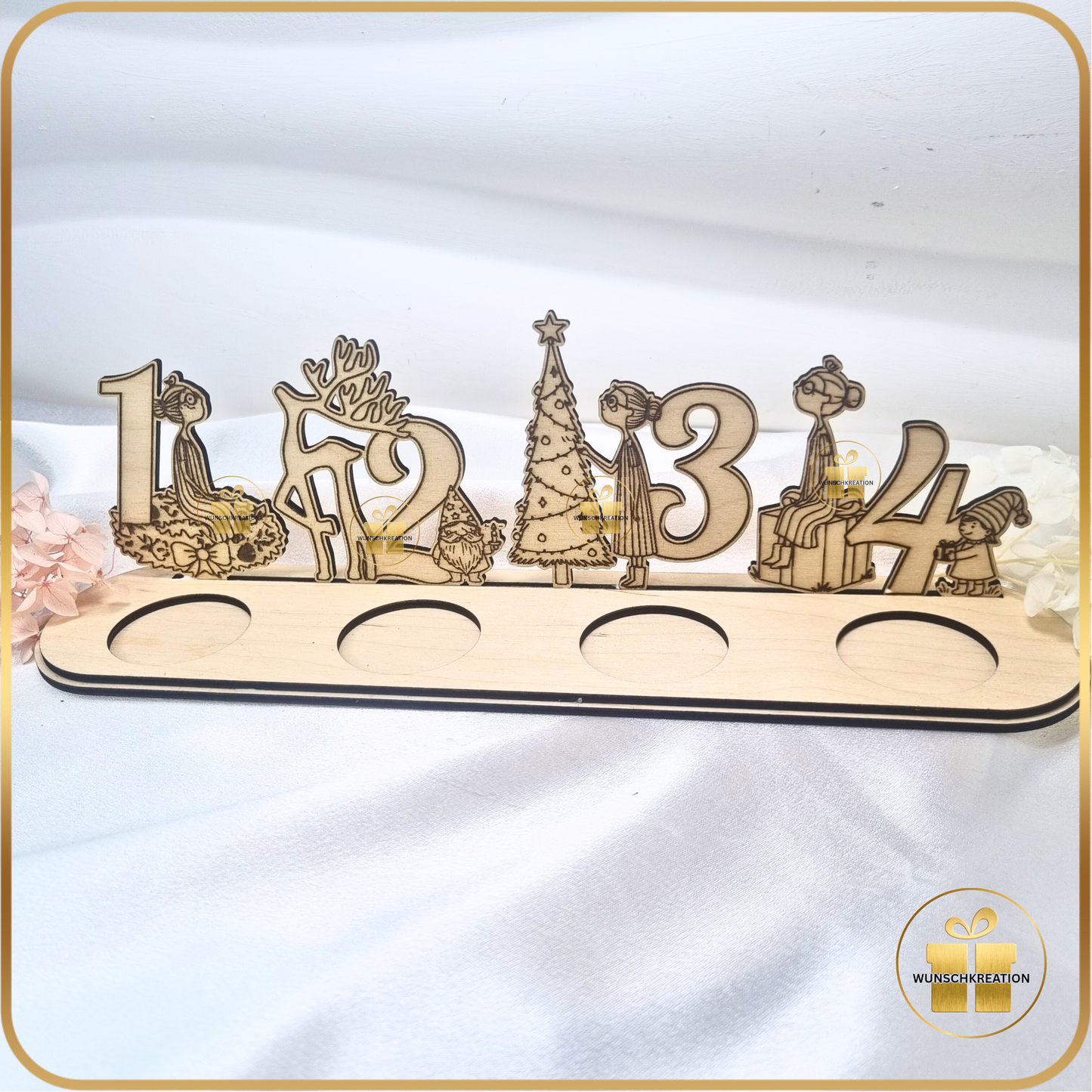 Advent Aufsteller aus Holz | Weihnachtsdeko mit handgezeichneten Frauen-Motiven | Teelichthalter für 4 Lichter |Alternative zum Adventskranz