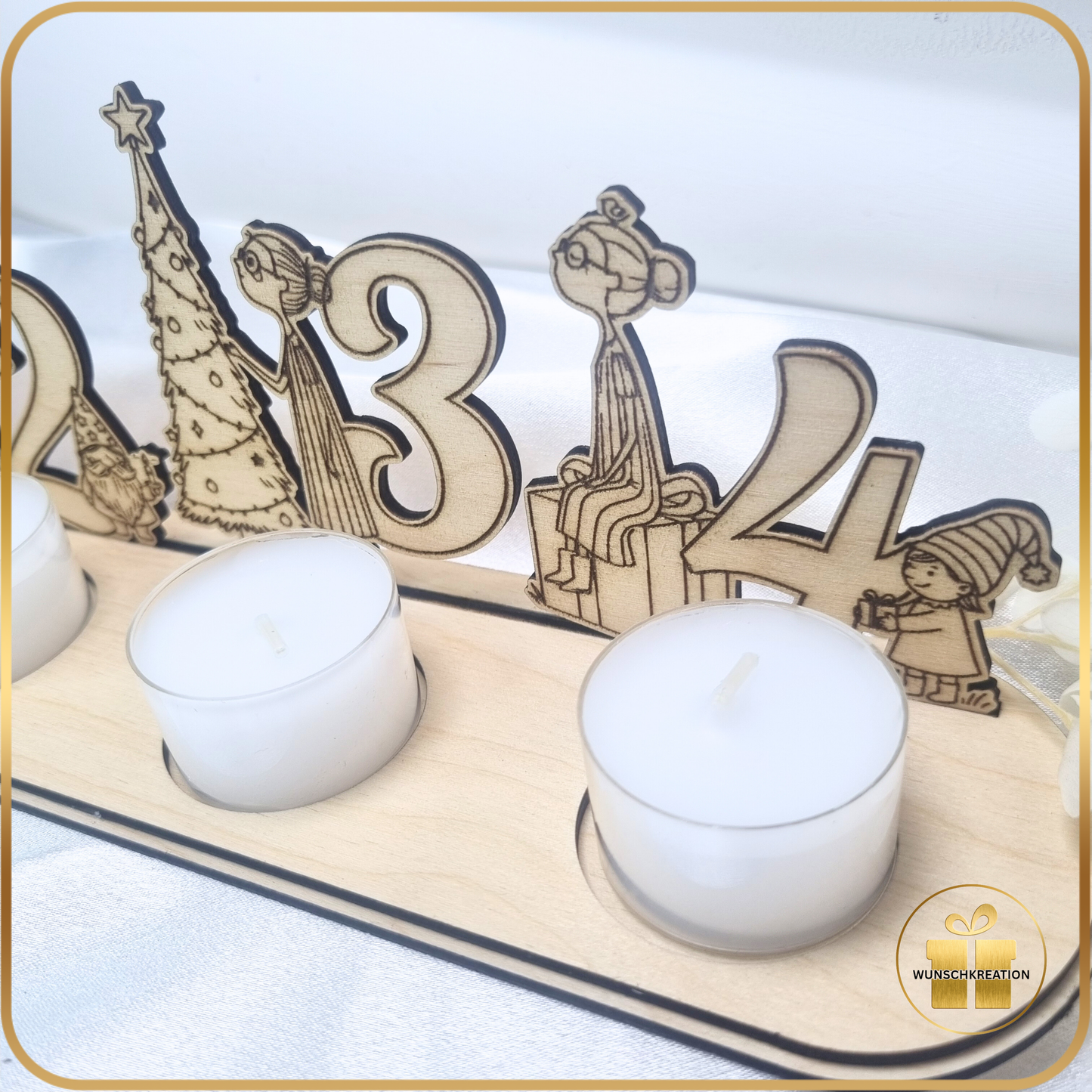 Advent Aufsteller aus Holz | Weihnachtsdeko mit handgezeichneten Frauen-Motiven | Teelichthalter für 4 Lichter |Alternative zum Adventskranz
