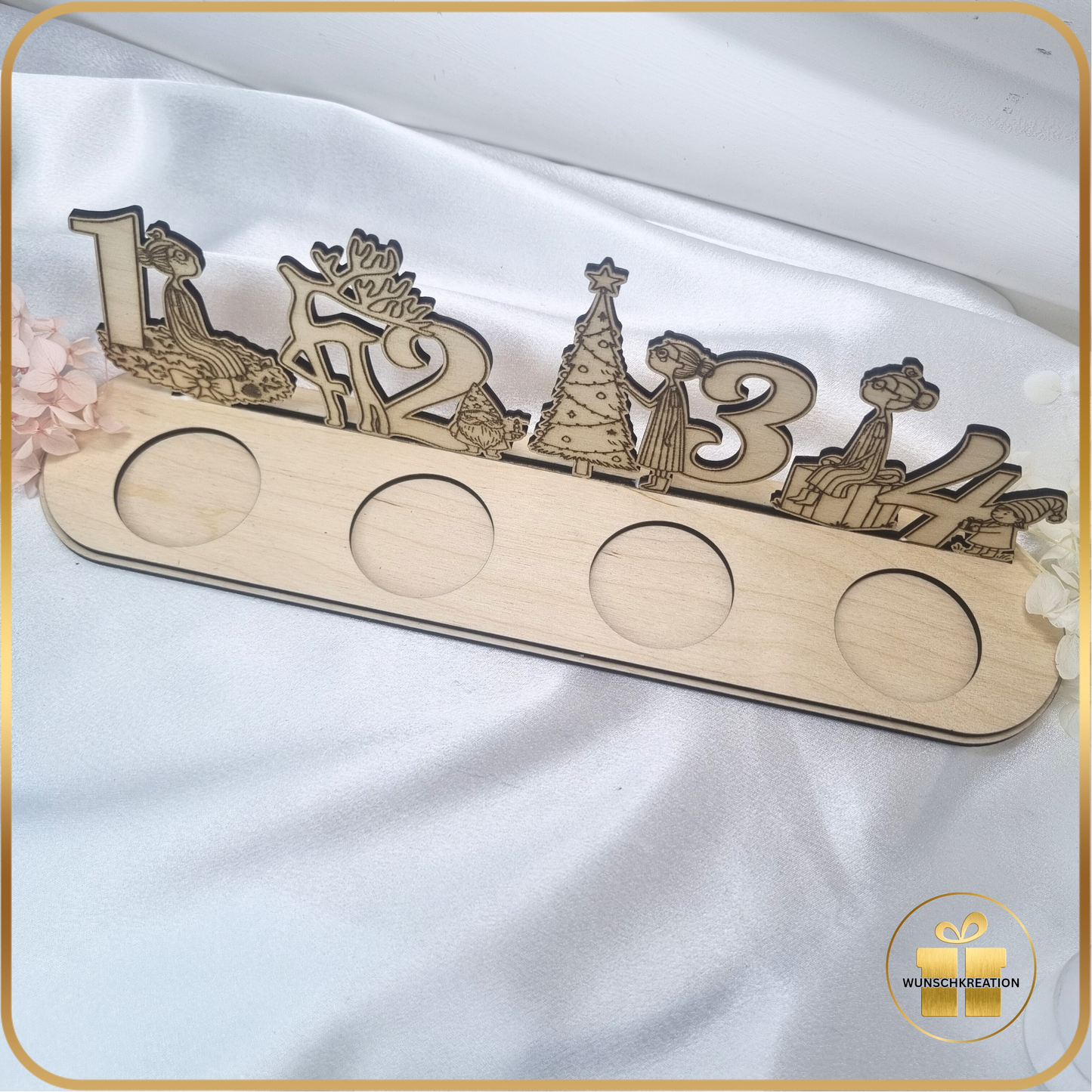 Advent Aufsteller aus Holz | Weihnachtsdeko mit handgezeichneten Frauen-Motiven | Teelichthalter für 4 Lichter |Alternative zum Adventskranz