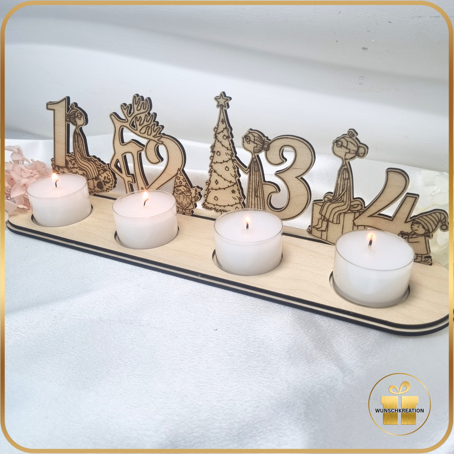 Advent Aufsteller aus Holz | Weihnachtsdeko mit handgezeichneten Frauen-Motiven | Teelichthalter für 4 Lichter |Alternative zum Adventskranz
