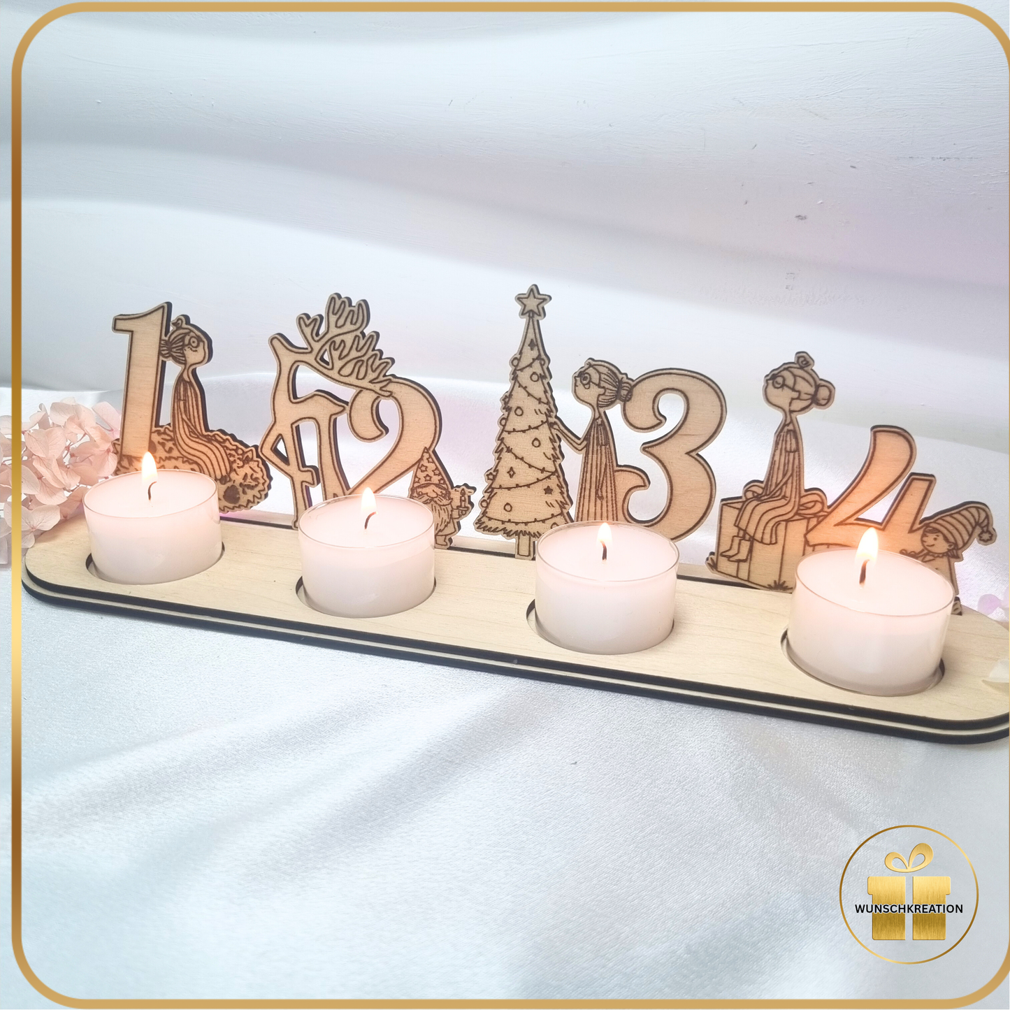 Advent Aufsteller aus Holz | Weihnachtsdeko mit handgezeichneten Frauen-Motiven | Teelichthalter für 4 Lichter |Alternative zum Adventskranz