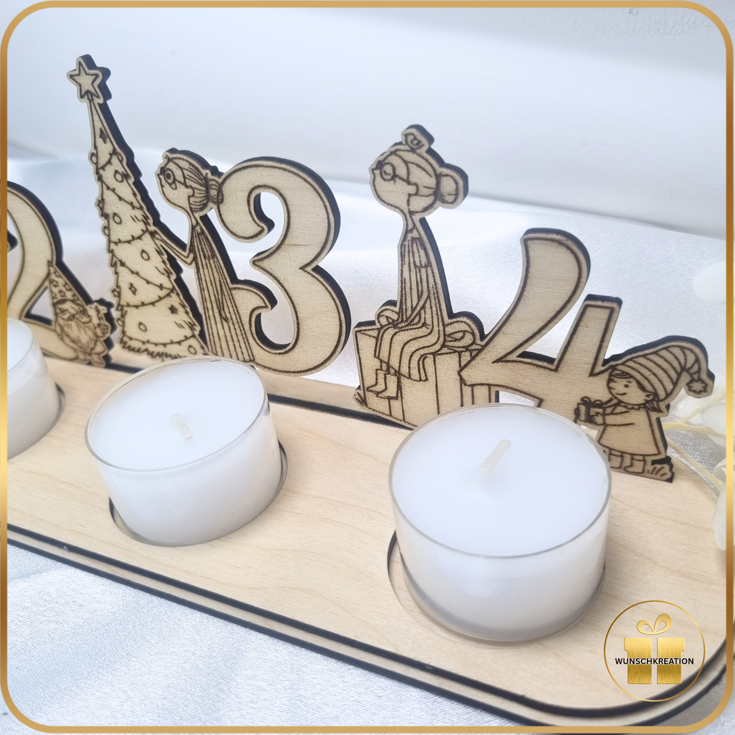 Advent Aufsteller aus Holz | Weihnachtsdeko mit handgezeichneten Frauen-Motiven | Teelichthalter für 4 Lichter |Alternative zum Adventskranz