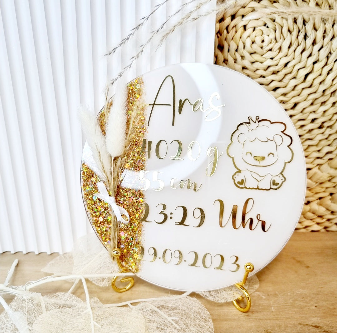 Personalisierte Acryltafel zur Geburt | Mit Motiv und Ständer