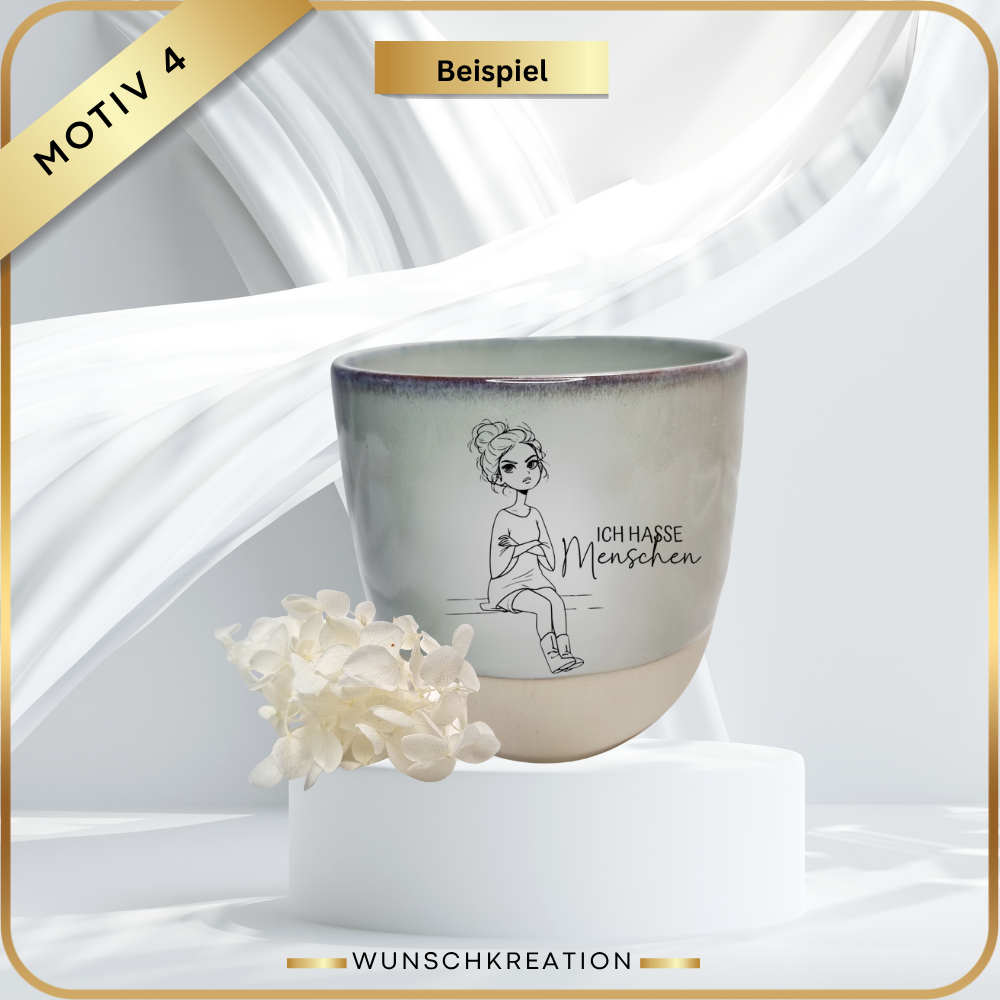 Gravierte Steingut Tasse Grün/Beige | Handgezeichnete Sarkasmus-Motive