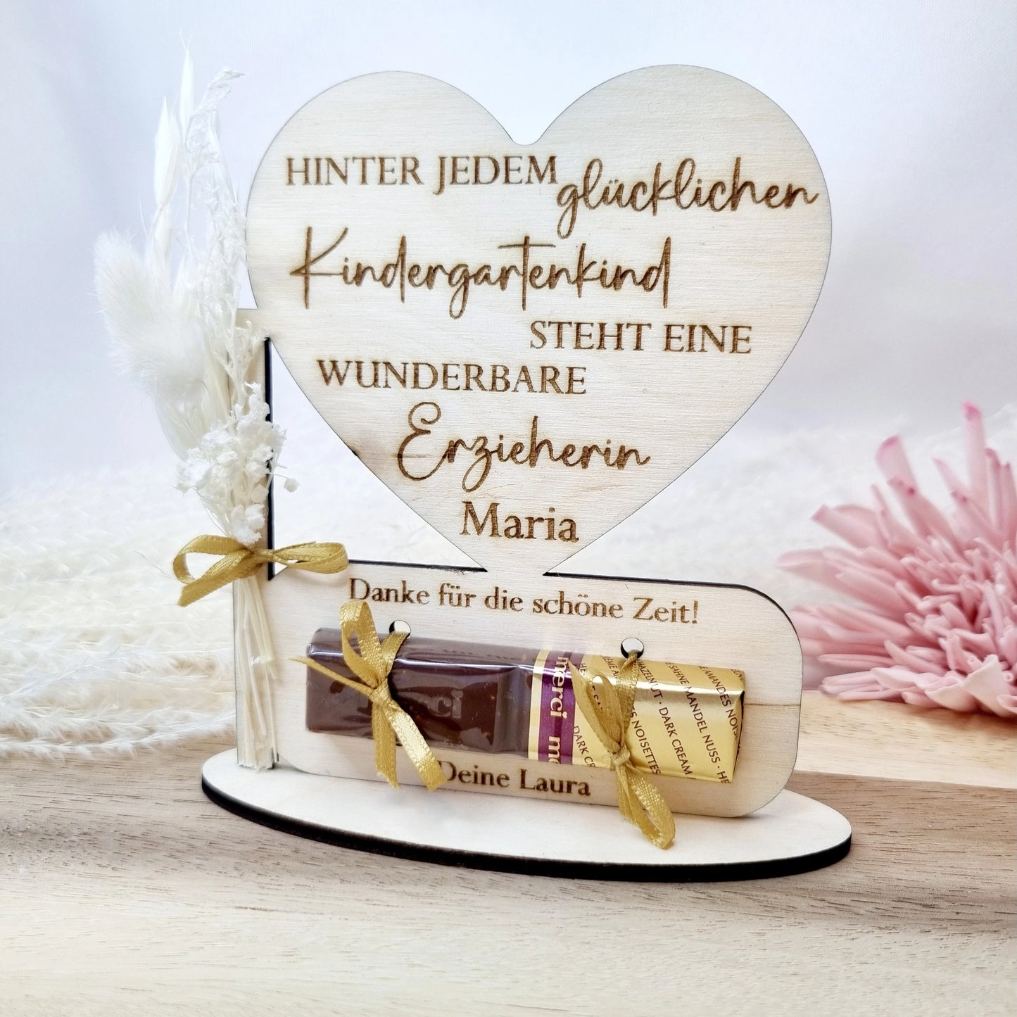 Abschiedsgeschenk | Erzieher/in | Lehrer/in | Kindergarten | Schokolade | Trockenblume | Holz | Personalisiert | Kindergartenkind
