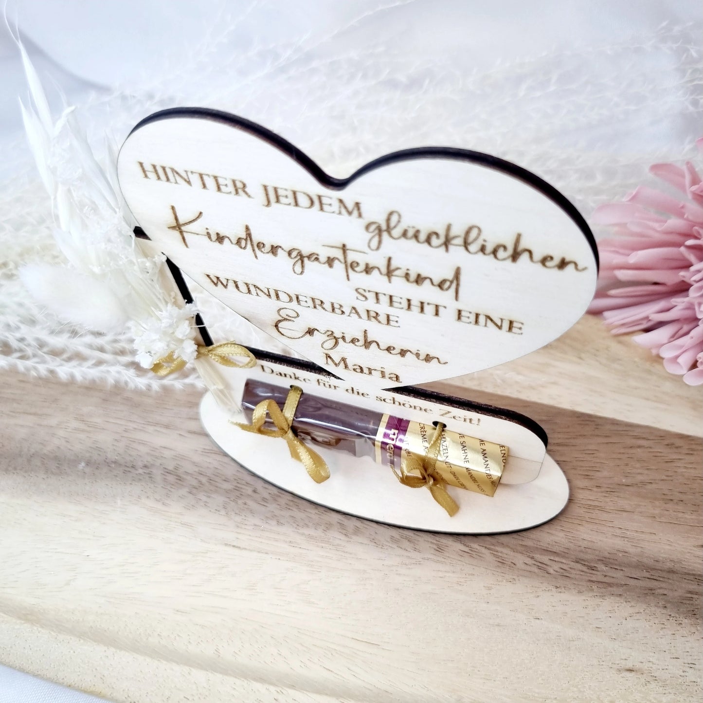 Abschiedsgeschenk | Erzieher/in | Lehrer/in | Kindergarten | Schokolade | Trockenblume | Holz | Personalisiert | Kindergartenkind