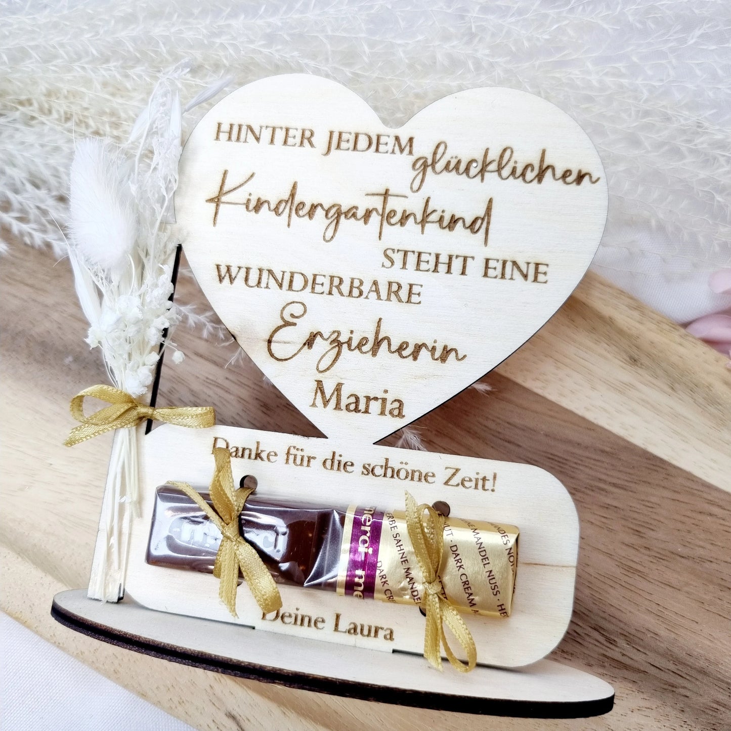 Abschiedsgeschenk | Erzieher/in | Lehrer/in | Kindergarten | Schokolade | Trockenblume | Holz | Personalisiert | Kindergartenkind