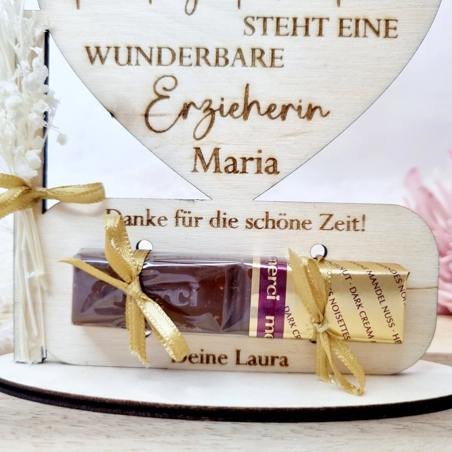 Abschiedsgeschenk | Erzieher/in | Lehrer/in | Kindergarten | Schokolade | Trockenblume | Holz | Personalisiert | Kindergartenkind