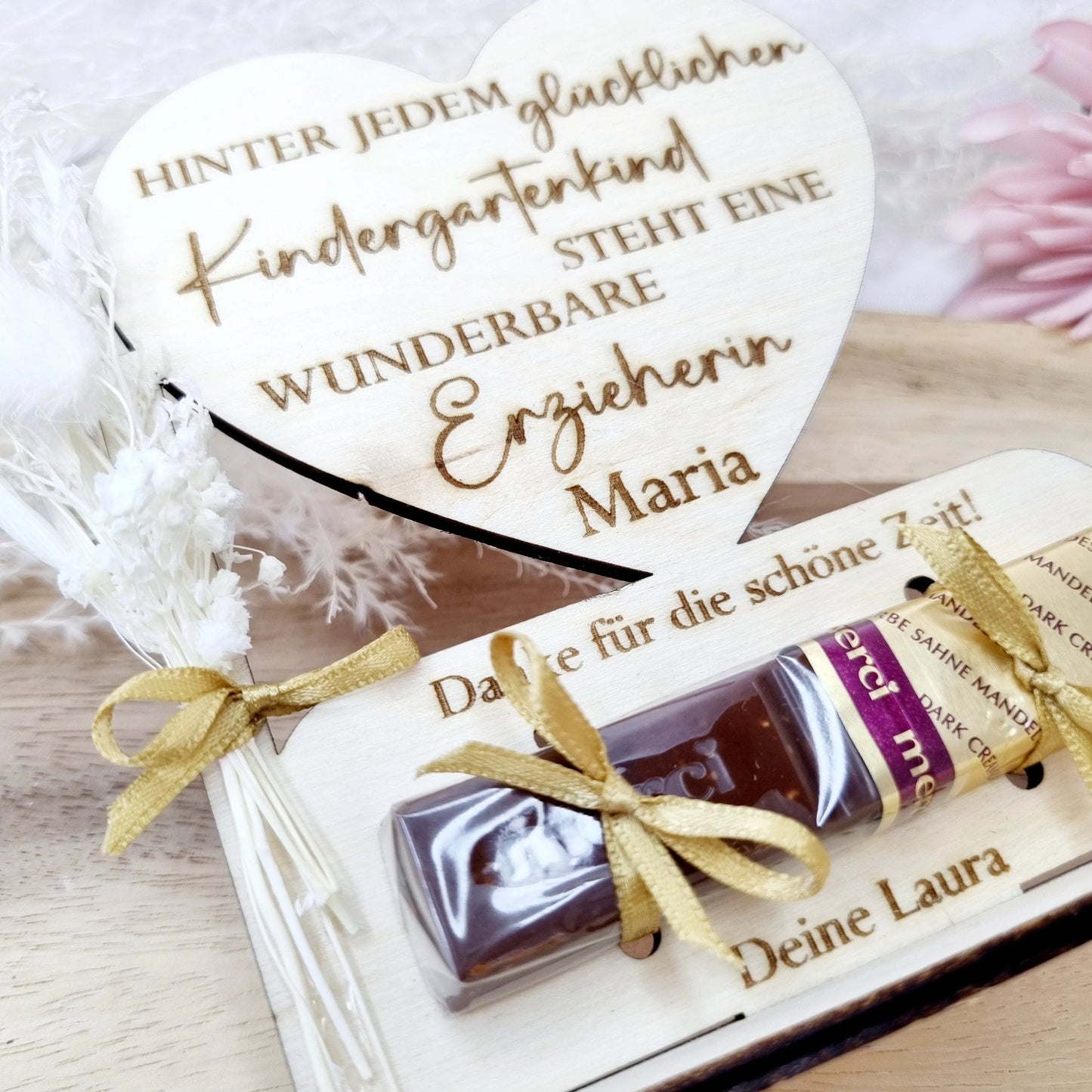 Abschiedsgeschenk | Erzieher/in | Lehrer/in | Kindergarten | Schokolade | Trockenblume | Holz | Personalisiert | Kindergartenkind