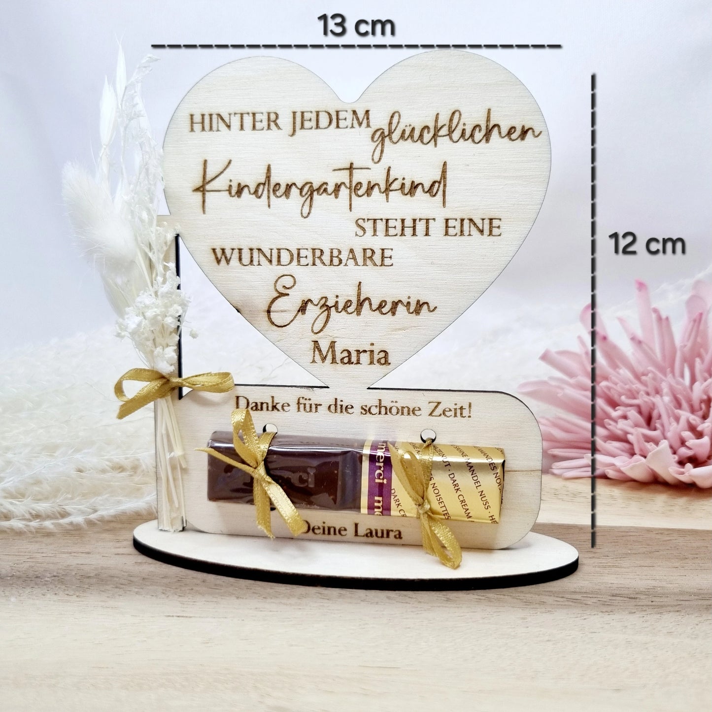 Abschiedsgeschenk | Erzieher/in | Lehrer/in | Kindergarten | Schokolade | Trockenblume | Holz | Personalisiert | Kindergartenkind