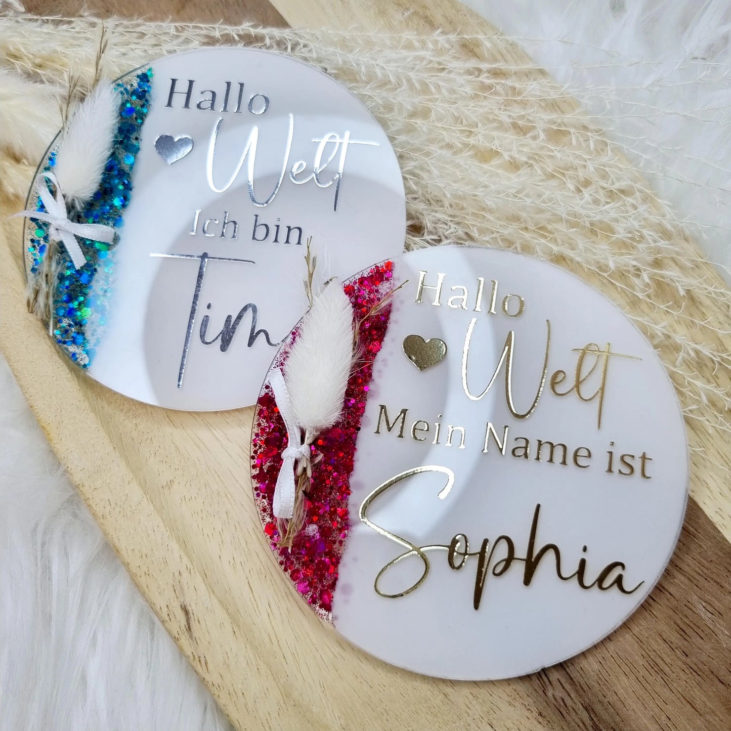 Personalisierte Geburtstafel | Namensschild | Meilenstein „Hallo Welt“ | Bekanntgabe des Namens | Acryl | Babyshower | Meilensteinkarte