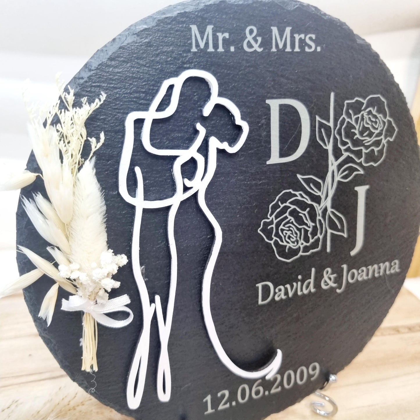 Personalisierte Schieferplatte – Hochzeit Geschenk, Empfangsschild mit Gravur & Trockenblumen