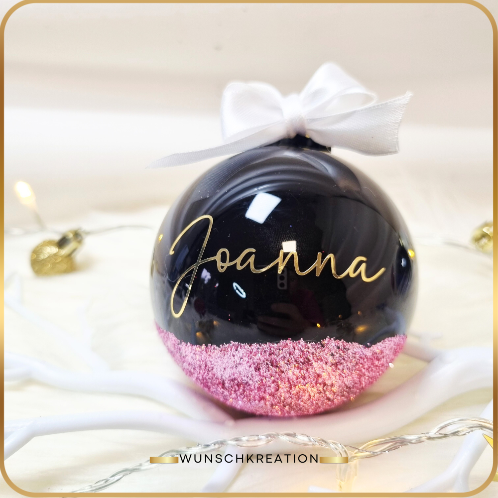 Personalisierte Weihnachtskugel Glas mit Glitzer (Handgefertigt) | Schwarz Glanz | 8 cm | Name | Weihnachtsbaumschmuck