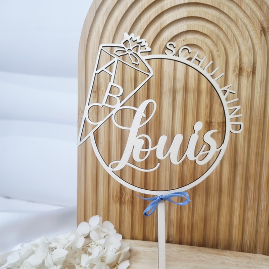 Personalisierter Cake Topper Einschulung aus Holz – mit Name & Schultüte | Tortenstecker Schulkind | Geschenk & Deko für Mädchen & Jungen
