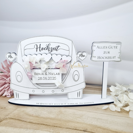 Personalisiertes Geldgeschenk zur Hochzeit – Hochzeitsauto mit Gravur & Wunschtext | Geldgeschenk für Brautpaar | Hochzeit Deko Idee