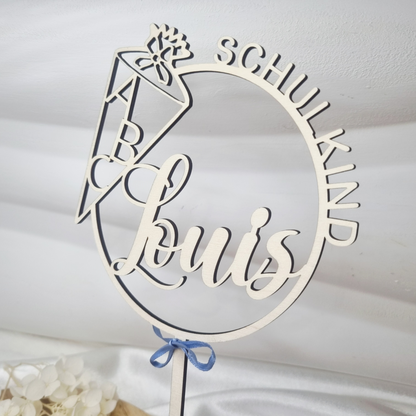 Personalisierter Cake Topper Einschulung aus Holz – mit Name & Schultüte | Tortenstecker Schulkind | Geschenk & Deko für Mädchen & Jungen