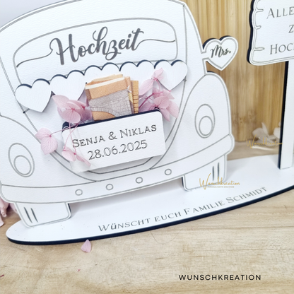 Personalisiertes Geldgeschenk zur Hochzeit – Hochzeitsauto mit Gravur & Wunschtext | Geldgeschenk für Brautpaar | Hochzeit Deko Idee