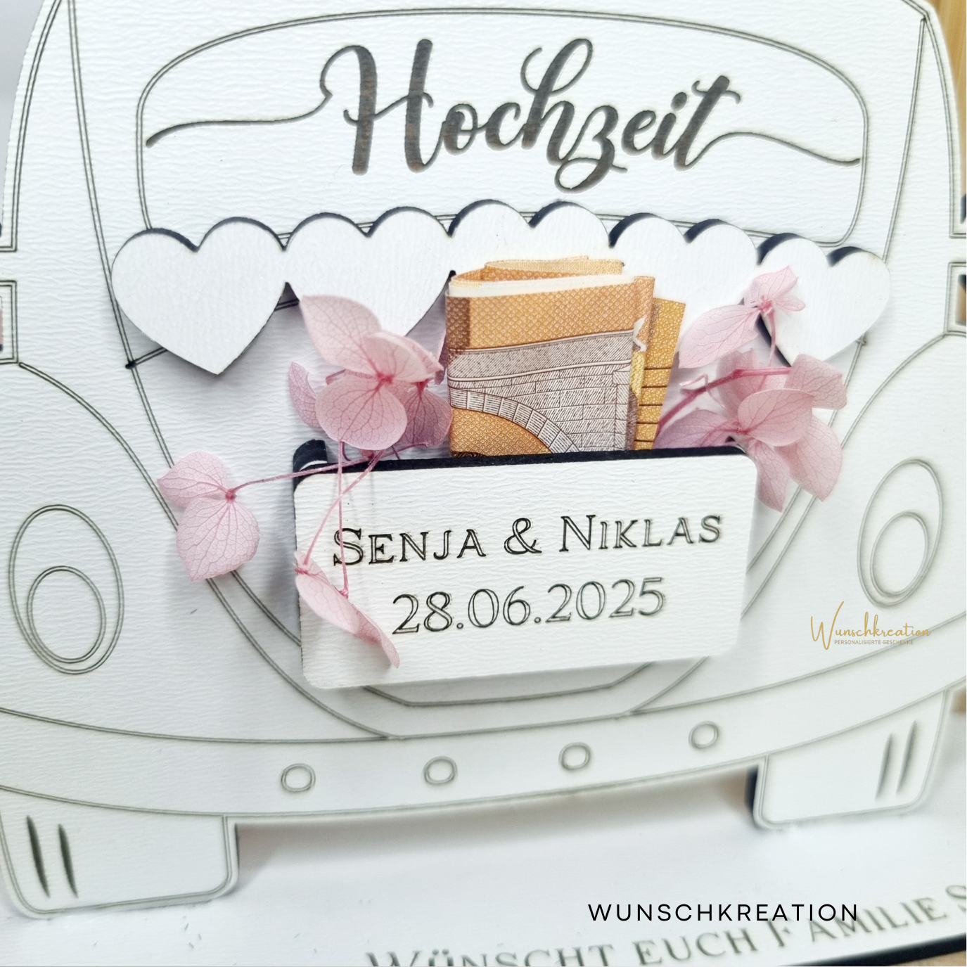 Personalisiertes Geldgeschenk zur Hochzeit – Hochzeitsauto mit Gravur & Wunschtext | Geldgeschenk für Brautpaar | Hochzeit Deko Idee