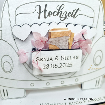 Personalisiertes Geldgeschenk zur Hochzeit – Hochzeitsauto mit Gravur & Wunschtext | Geldgeschenk für Brautpaar | Hochzeit Deko Idee