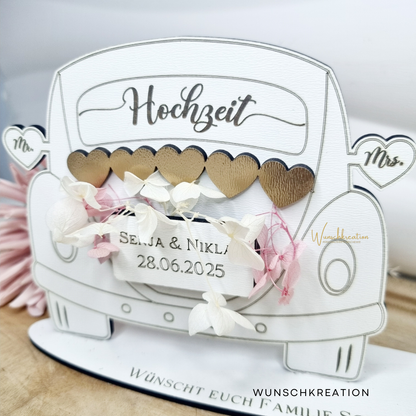 Personalisiertes Geldgeschenk zur Hochzeit – Hochzeitsauto mit Gravur & Wunschtext | Geldgeschenk für Brautpaar | Hochzeit Deko Idee