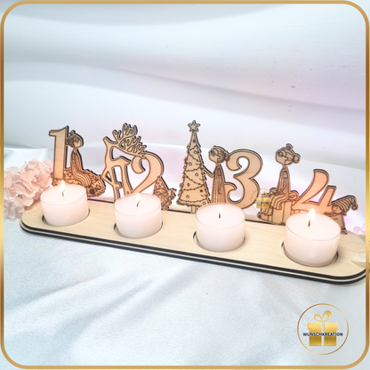 Advent Aufsteller aus Holz | Weihnachtsdeko mit handgezeichneten Frauen-Motiven | Teelichthalter für 4 Lichter |Alternative zum Adventskranz