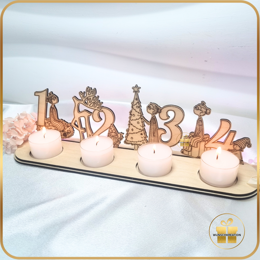 Advent Aufsteller aus Holz | Weihnachtsdeko mit handgezeichneten Frauen-Motiven | Teelichthalter für 4 Lichter |Alternative zum Adventskranz