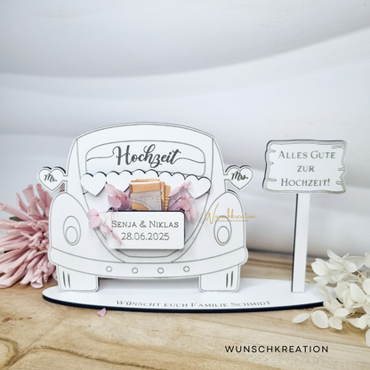 Personalisiertes Geldgeschenk zur Hochzeit – Hochzeitsauto mit Gravur & Wunschtext | Geldgeschenk für Brautpaar | Hochzeit Deko Idee