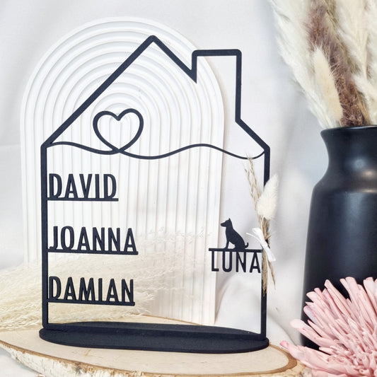 Haus mit Namen in schwarz |  personalisiert | Einzugsgeschenk | Türschild | Familie | Hochzeit | Hund | Katze