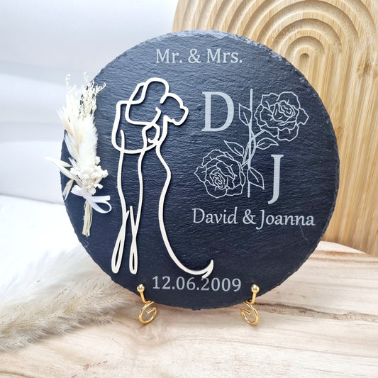 Personalisierte Schieferplatte – Hochzeit Geschenk, Empfangsschild mit Gravur & Trockenblumen
