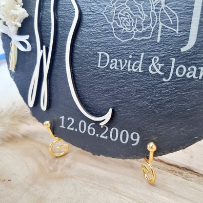 Personalisierte Schieferplatte – Hochzeit Geschenk, Empfangsschild mit Gravur & Trockenblumen