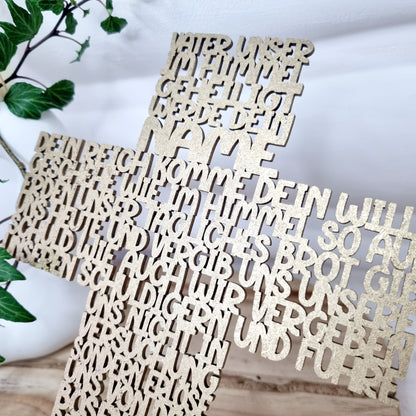 Geschenk zur Taufe | Kommunion & Konfirmation | Vater Unser | Kreuz | Holz | Gebet | Deutsch | Christen | Gold | Geschenkidee
