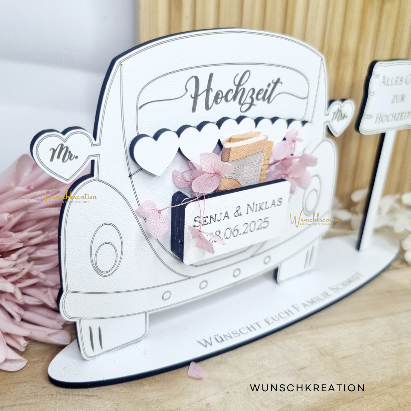 Personalisiertes Geldgeschenk zur Hochzeit – Hochzeitsauto mit Gravur & Wunschtext | Geldgeschenk für Brautpaar | Hochzeit Deko Idee