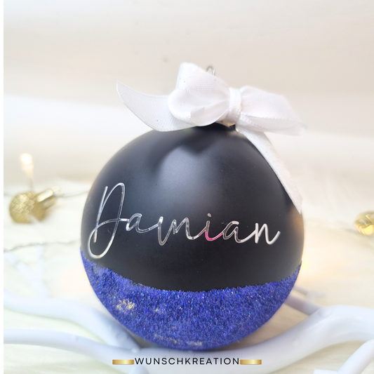 Personalisierte Weihnachtskugel Glas mit Glitzer (Handgefertigt) | Schwarz Matt | 8 cm | Name | Weihnachtsbaumschmuck
