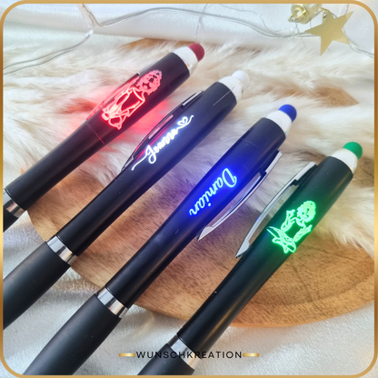 Personalisierter Leucht-Kugelschreiber mit Namen | LED Stylus Touch Pen | Graviertes Geschenk mit Farbwahl