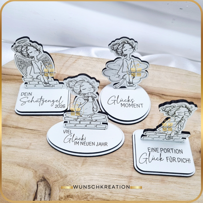 Handgezeichneter Frauen-Aufsteller aus MDF | Glücksbringer & Neujahrsdeko | 4 Motive und 15 Sprüche | Geschenkidee, Mitbringsel, Engel