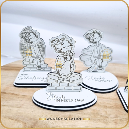 Handgezeichneter Frauen-Aufsteller aus MDF | Glücksbringer & Neujahrsdeko | 4 Motive und 15 Sprüche | Geschenkidee, Mitbringsel, Engel