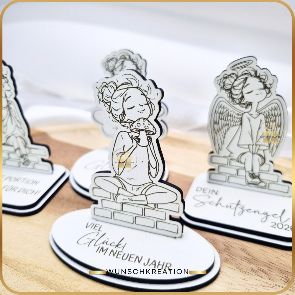 Handgezeichneter Frauen-Aufsteller aus MDF | Glücksbringer & Neujahrsdeko | 4 Motive und 15 Sprüche | Geschenkidee, Mitbringsel, Engel