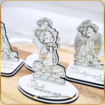Handgezeichneter Frauen-Aufsteller aus MDF | Glücksbringer & Neujahrsdeko | 4 Motive und 15 Sprüche | Geschenkidee, Mitbringsel, Engel