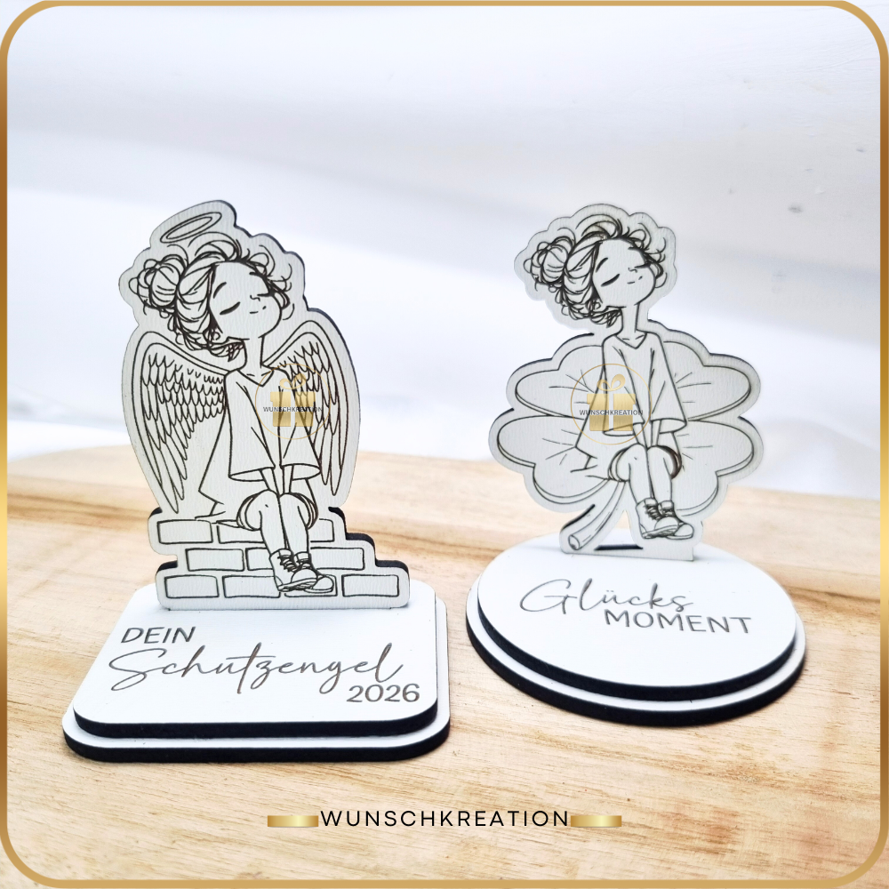 Handgezeichneter Frauen-Aufsteller aus MDF | Glücksbringer & Neujahrsdeko | 4 Motive und 15 Sprüche | Geschenkidee, Mitbringsel, Engel