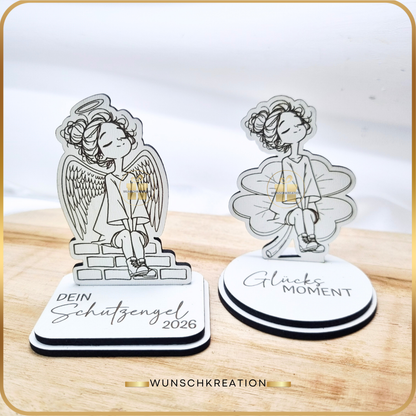 Handgezeichneter Frauen-Aufsteller aus MDF | Glücksbringer & Neujahrsdeko | 4 Motive und 15 Sprüche | Geschenkidee, Mitbringsel, Engel